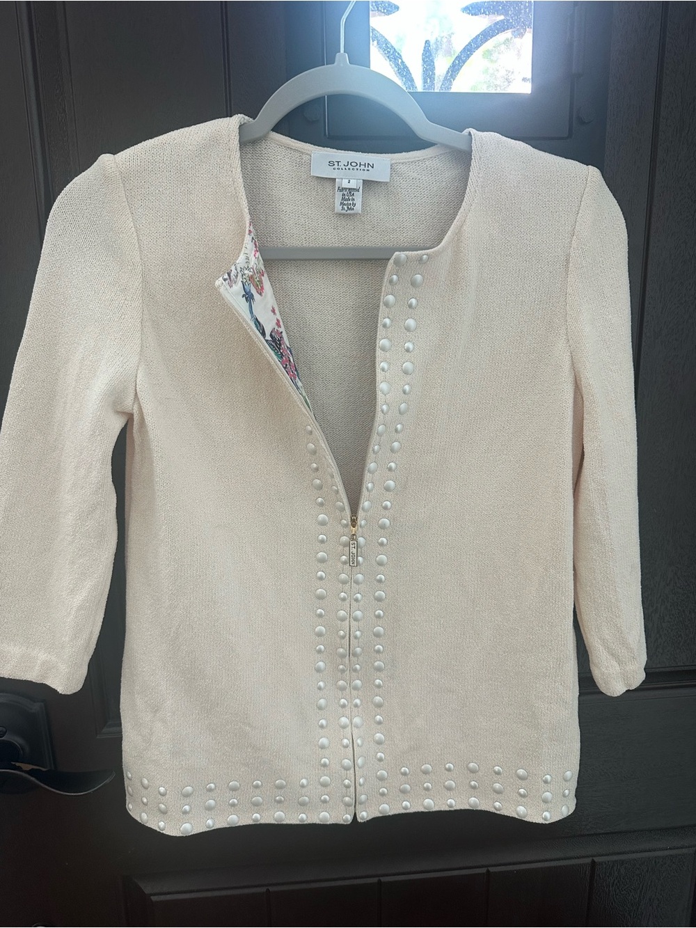 St. John Cream Pearl-Trim Zip Front Knit Cardigan